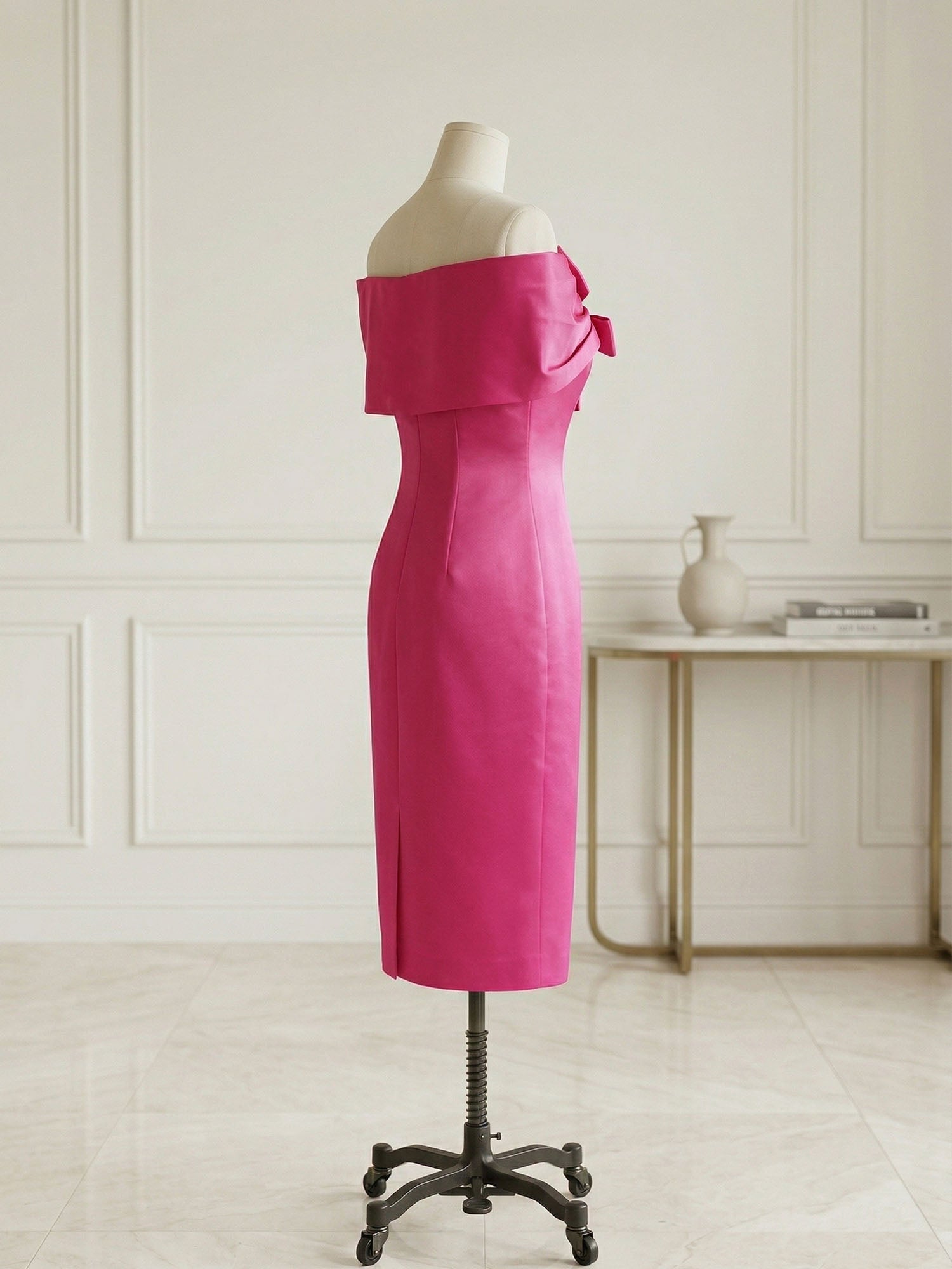 Chic Rose Red Off-the-Shoulder Bow Satin Sheath Midi Dress