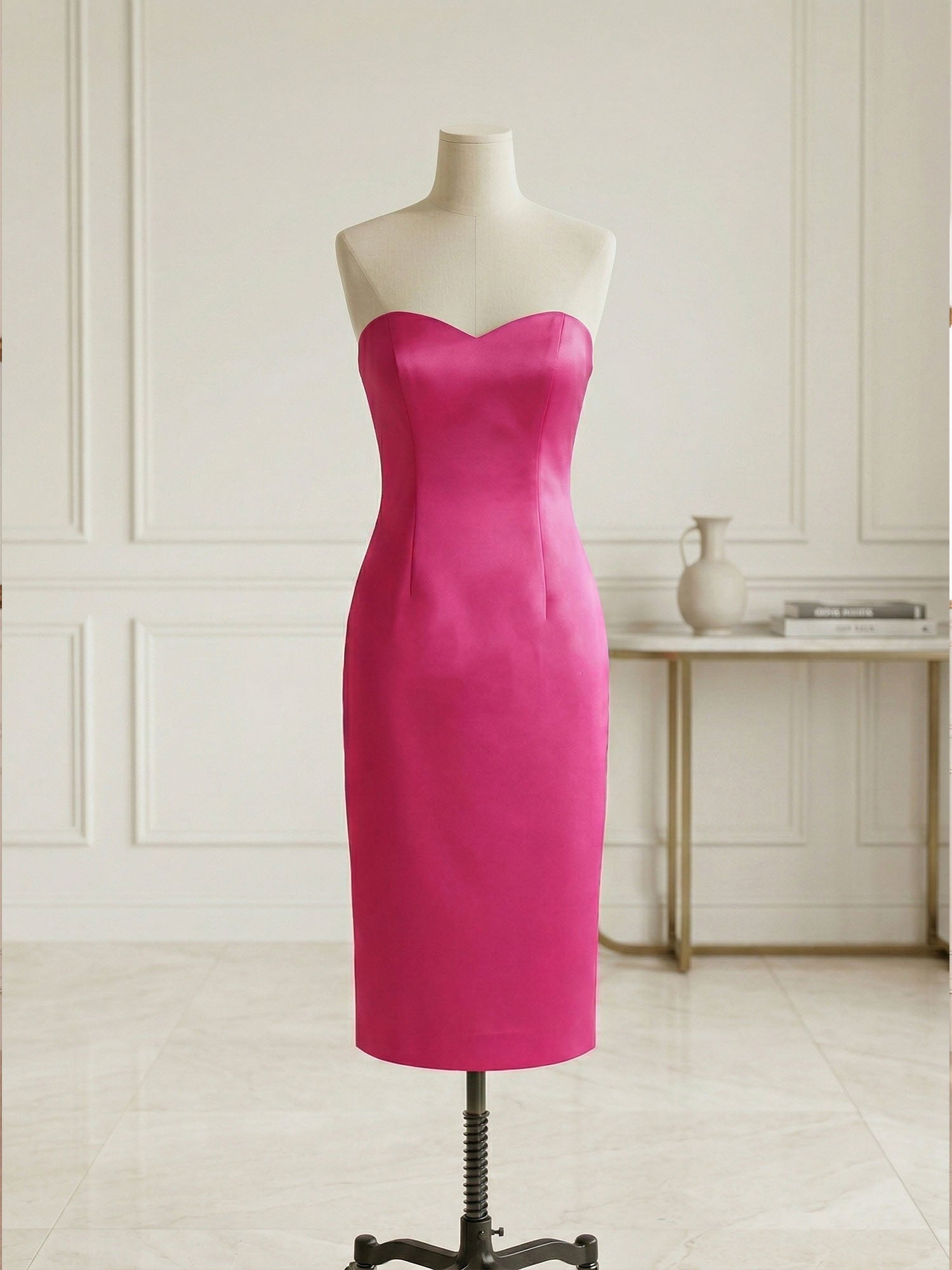 Chic Rose Red Off-the-Shoulder Bow Satin Sheath Midi Dress