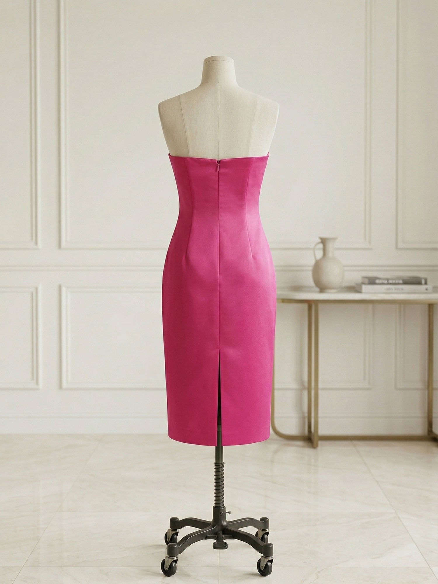 Chic Rose Red Off-the-Shoulder Bow Satin Sheath Midi Dress