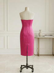 Chic Rose Red Off-the-Shoulder Bow Satin Sheath Midi Dress