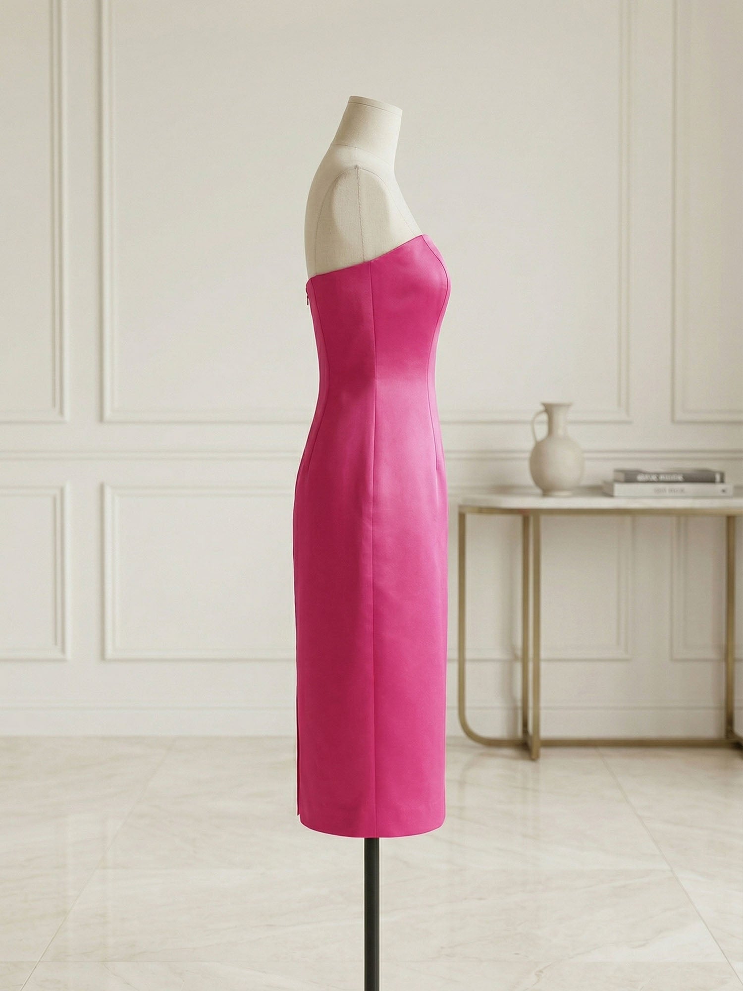 Chic Rose Red Off-the-Shoulder Bow Satin Sheath Midi Dress