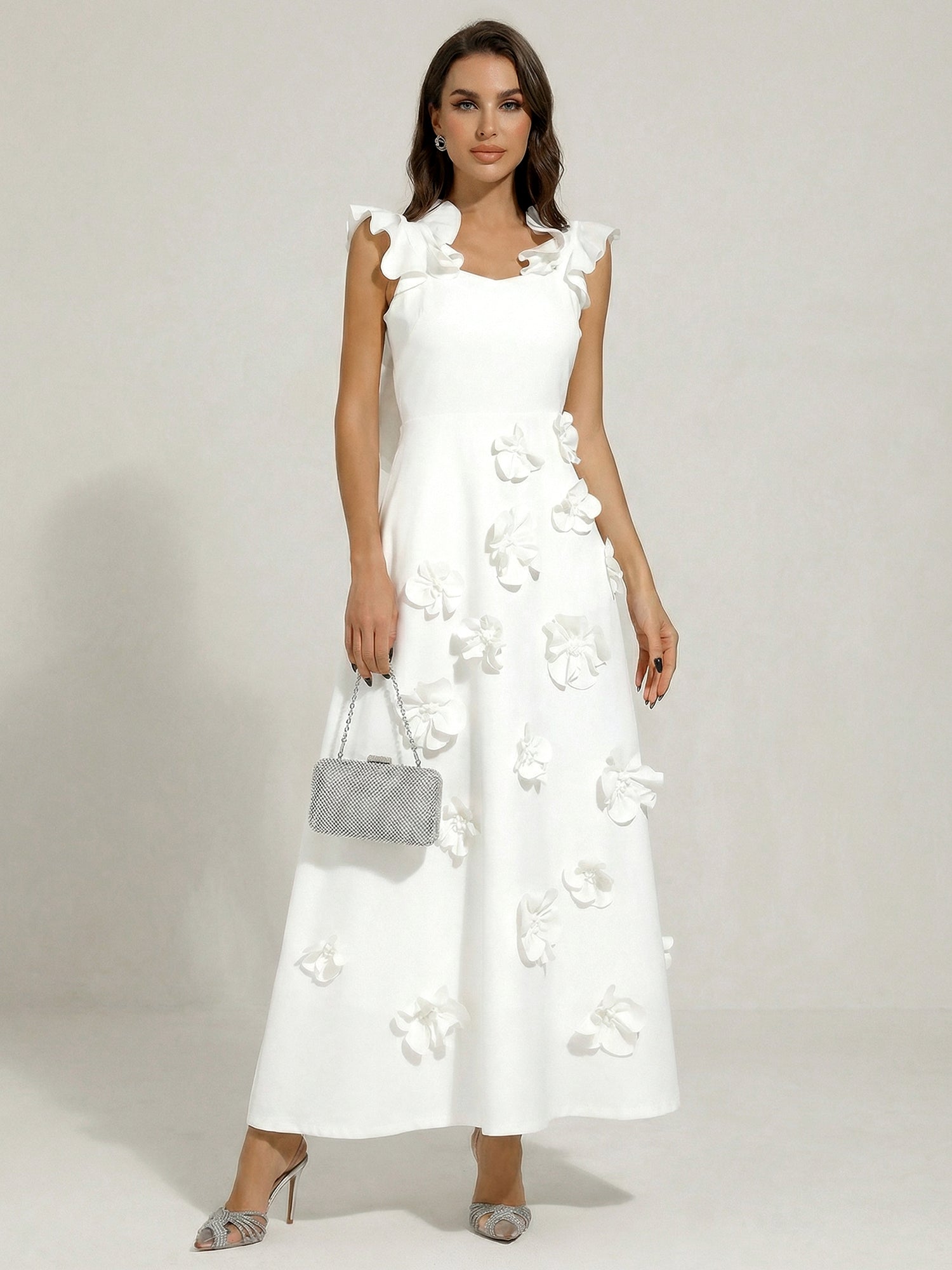 Chic White 3D Flowers A-Line Floor Length Stretch Crepe Dress with Pockets Maxi Dress