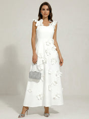 Chic White 3D Flowers A-Line Floor Length Stretch Crepe Dress with Pockets Maxi Dress