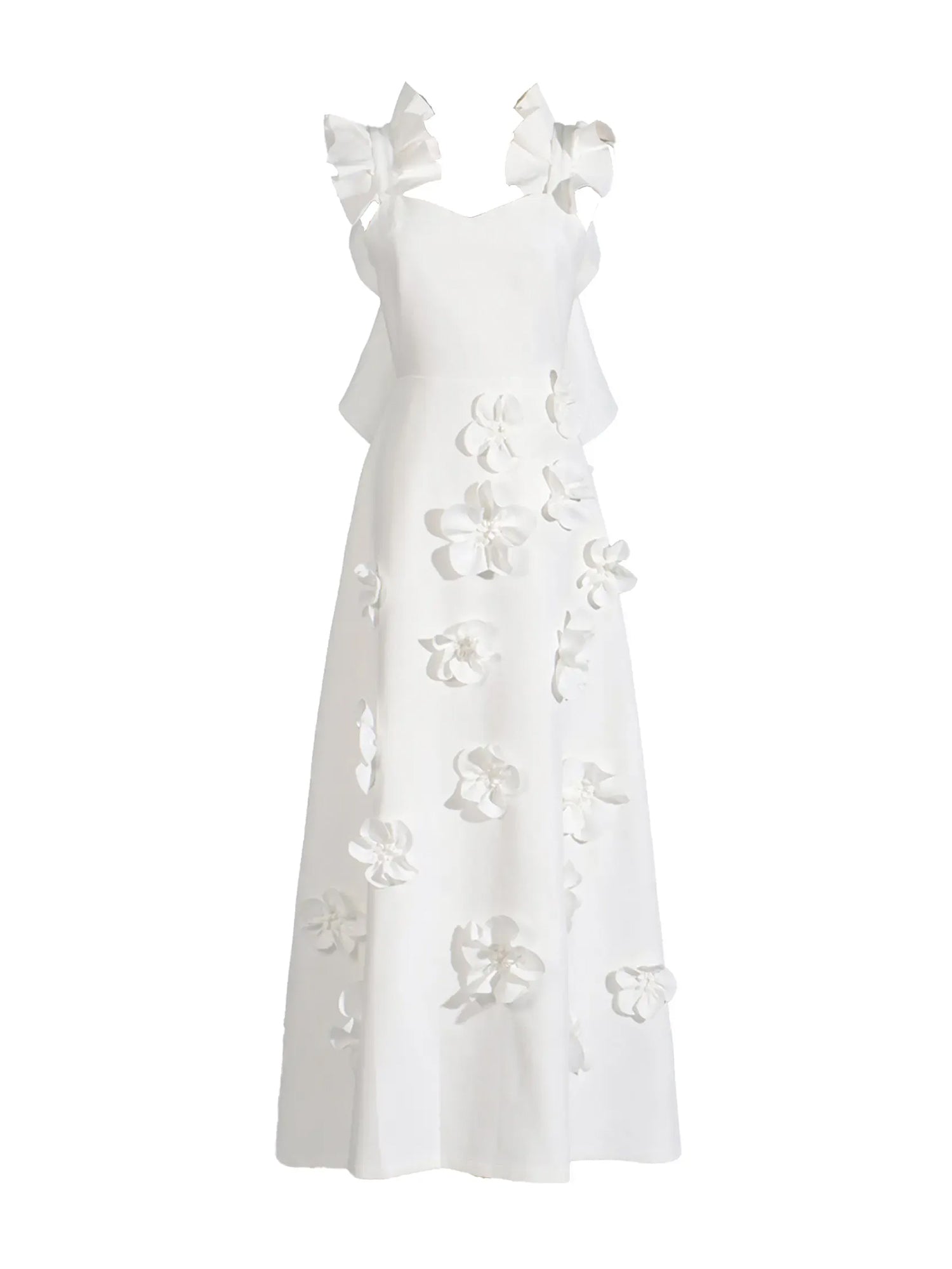 Chic White 3D Flowers A-Line Floor Length Stretch Crepe Dress with Pockets Maxi Dress