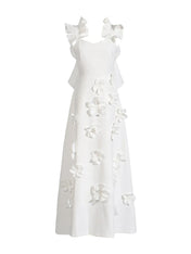 Chic White 3D Flowers A-Line Floor Length Stretch Crepe Dress with Pockets Maxi Dress