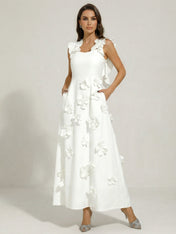 Chic White 3D Flowers A-Line Floor Length Stretch Crepe Dress with Pockets Maxi Dress