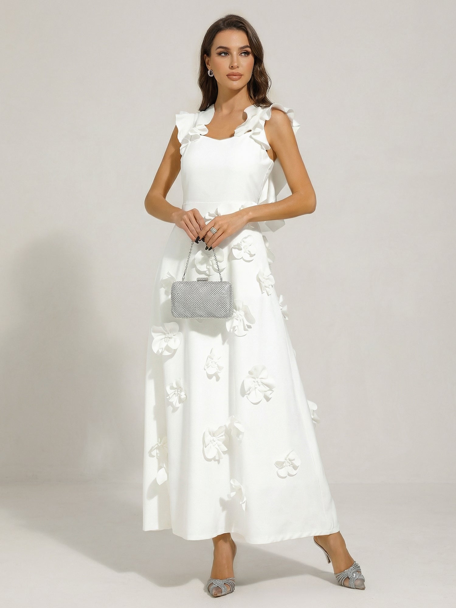 Chic White 3D Flowers A-Line Floor Length Stretch Crepe Dress with Pockets Maxi Dress