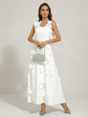 Chic White 3D Flowers A-Line Floor Length Stretch Crepe Dress with Pockets Maxi Dress