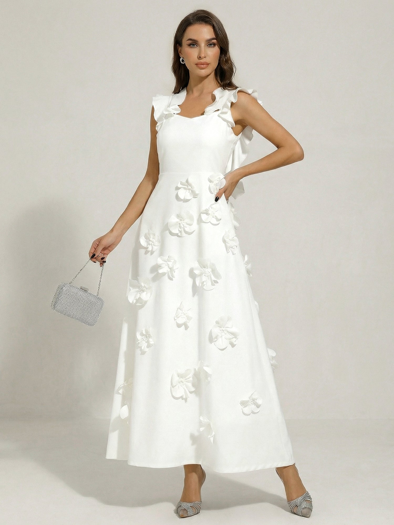 Chic White 3D Flowers A-Line Floor Length Stretch Crepe Dress with Pockets Maxi Dress