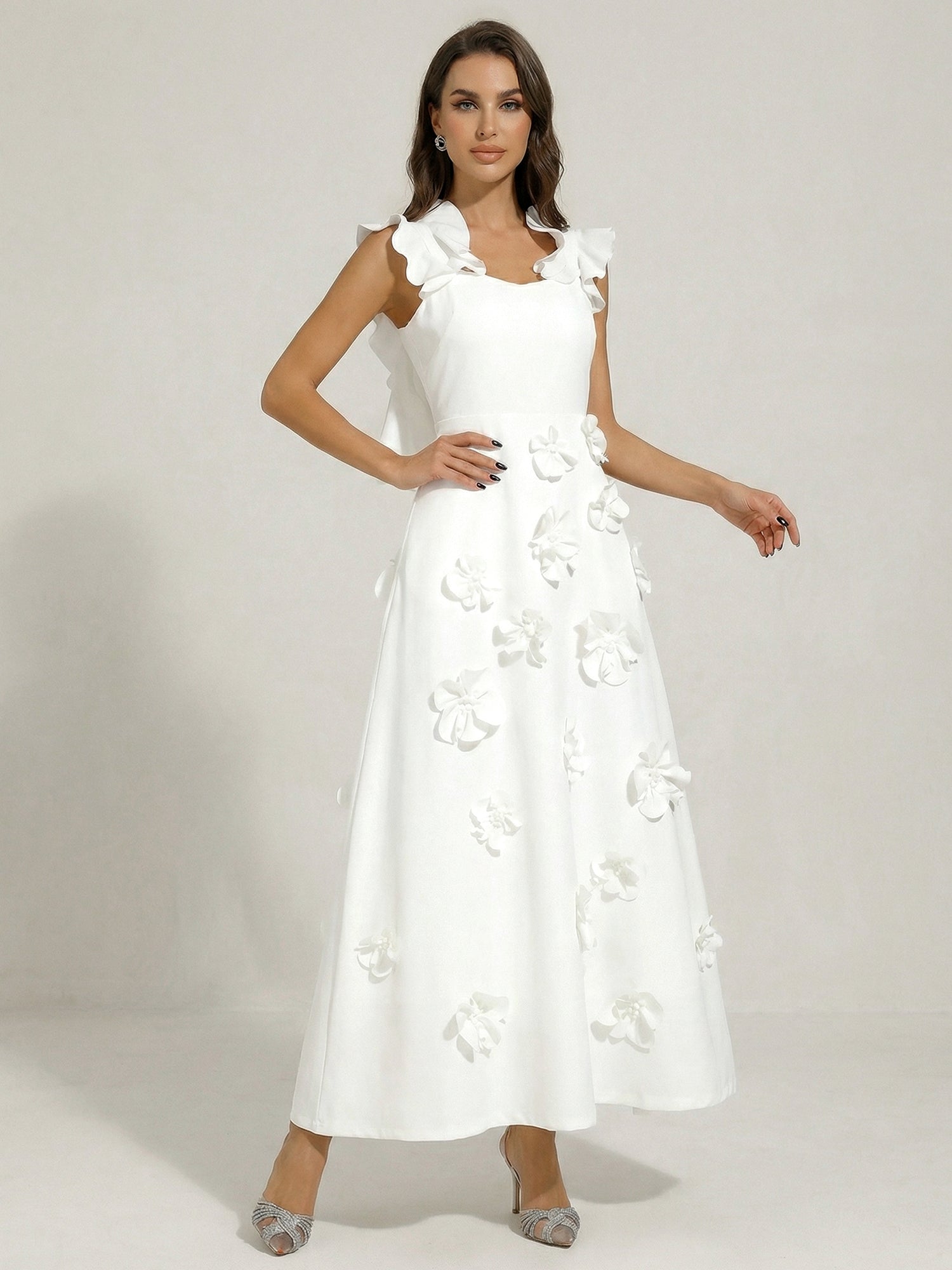 Chic White 3D Flowers A-Line Floor Length Stretch Crepe Dress with Pockets Maxi Dress