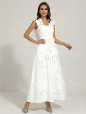 Chic White 3D Flowers A-Line Floor Length Stretch Crepe Dress with Pockets Maxi Dress