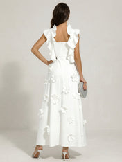 Chic White 3D Flowers A-Line Floor Length Stretch Crepe Dress with Pockets Maxi Dress