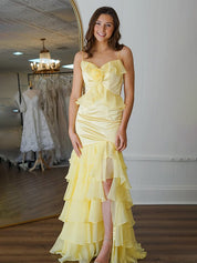 Yellow Mermaid Spaghetti Straps Keyhole Back Long Prom Dress with Ruffle Skirt
