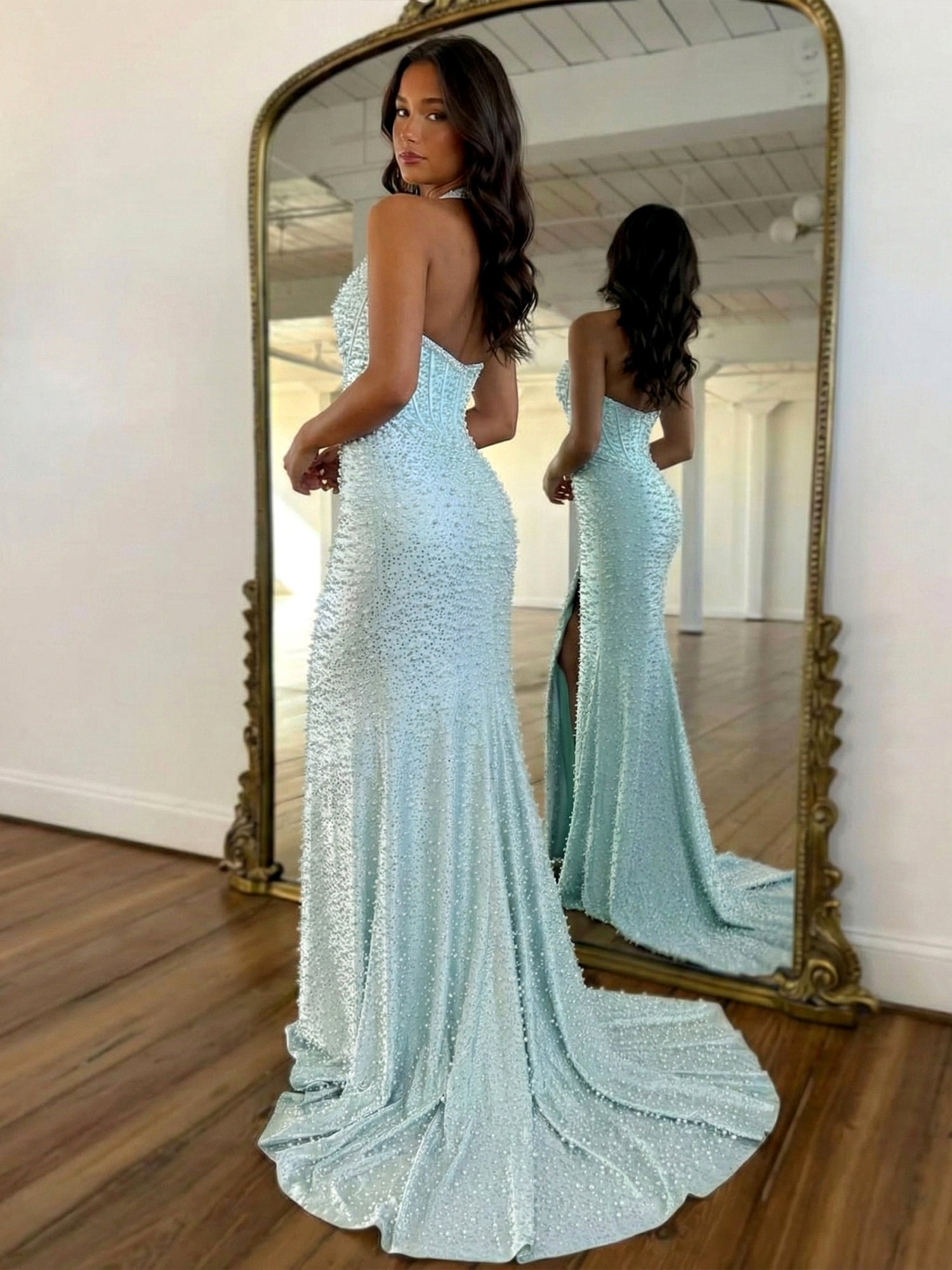 Glamorous Champagne Pearl Beaded Corset Prom Dress with Slit