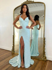 Glamorous Champagne Pearl Beaded Corset Prom Dress with Slit