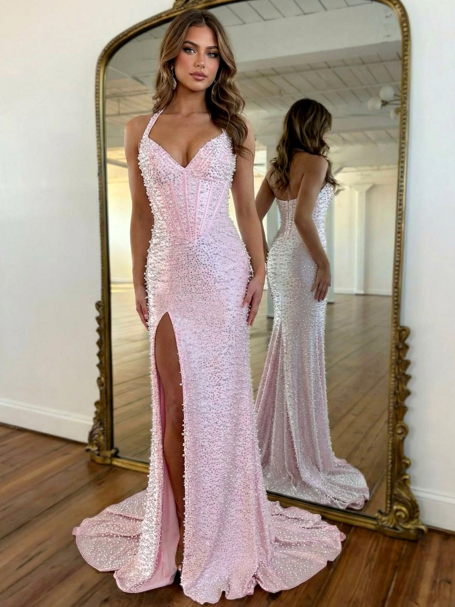 Glamorous Champagne Pearl Beaded Corset Prom Dress with Slit