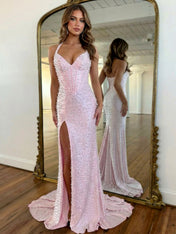 Glamorous Champagne Pearl Beaded Corset Prom Dress with Slit