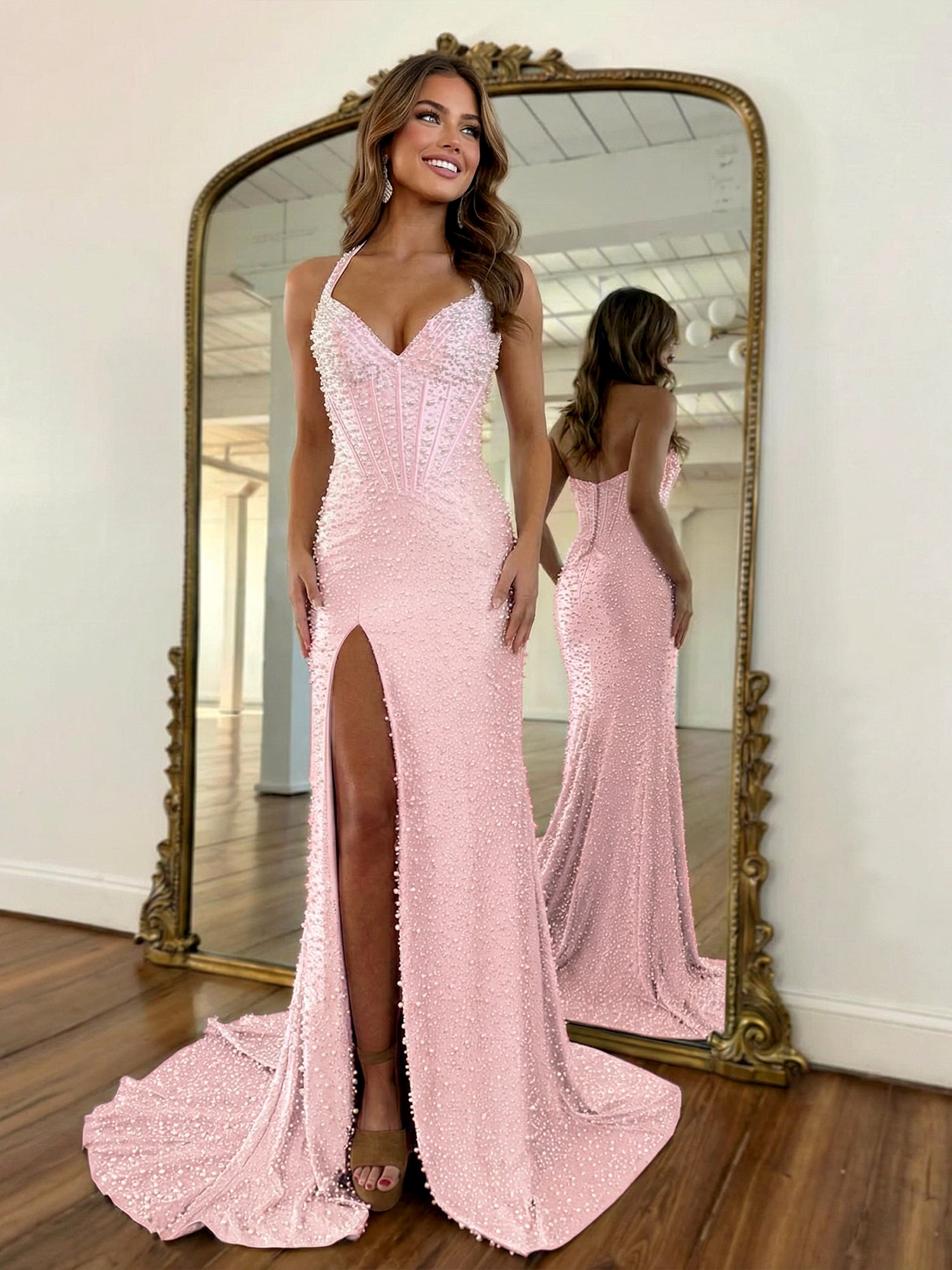 Glamorous Champagne Pearl Beaded Corset Prom Dress with Slit
