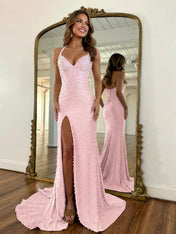 Glamorous Champagne Pearl Beaded Corset Prom Dress with Slit