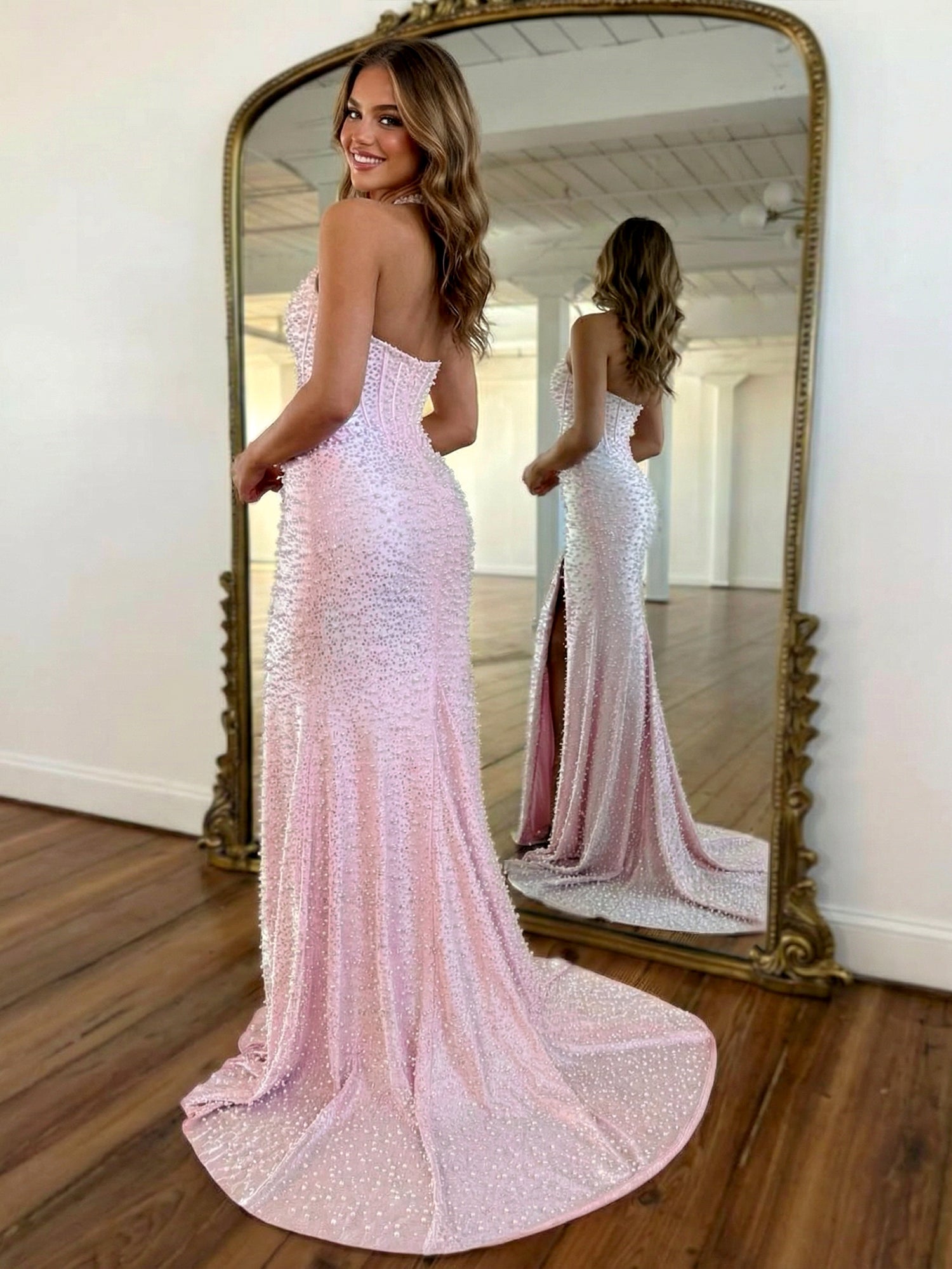 Glamorous Champagne Pearl Beaded Corset Prom Dress with Slit