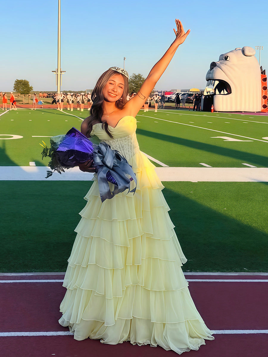 Chiffon A-Line Strapless Empire Tiered Long Prom Dress With Slit