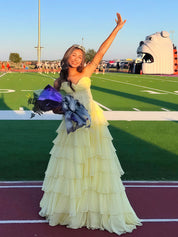 Chiffon A-Line Strapless Empire Tiered Long Prom Dress With Slit