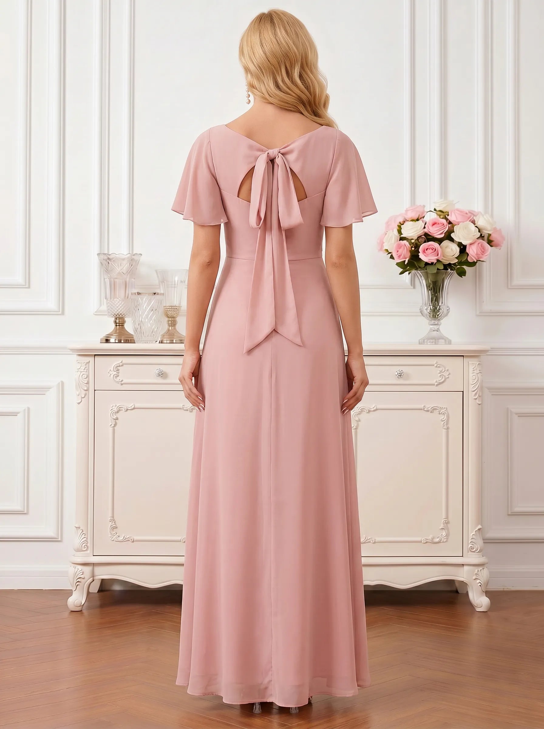 Chiffon Mother of the Bride Gown with Crisscross Bodice and Bow Back Detail Evening Dresses