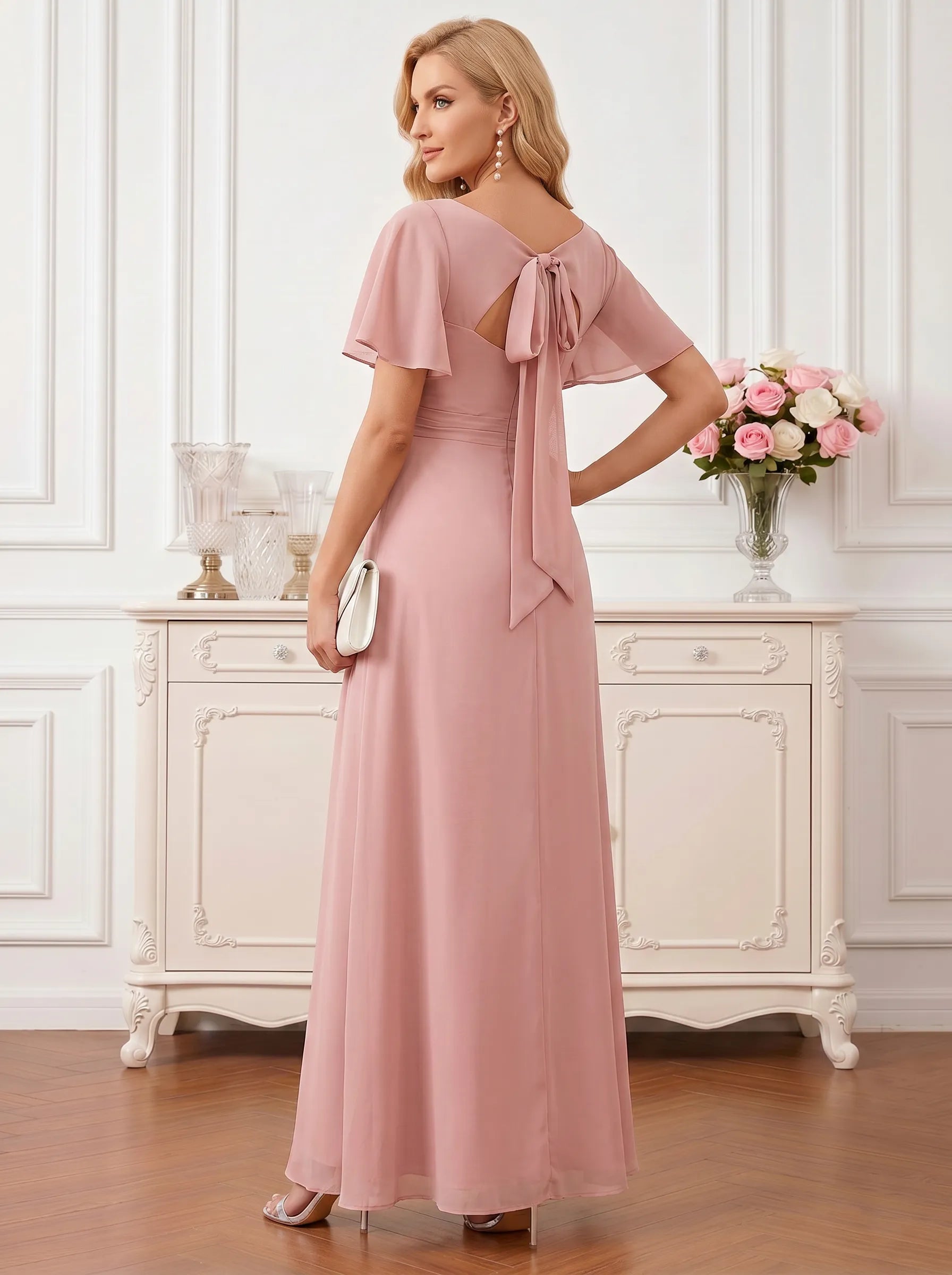 Chiffon Mother of the Bride Gown with Crisscross Bodice and Bow Back Detail Evening Dresses