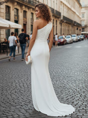 Chiffon One Shoulder Ruched Beach Maxi Engagement Dress with Slit