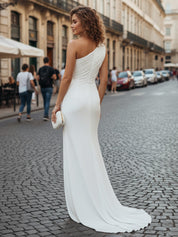 Chiffon One Shoulder Ruched Beach Maxi Engagement Dress with Slit