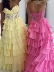 Chiffon A-Line Strapless Empire Tiered Long Prom Dress With Slit