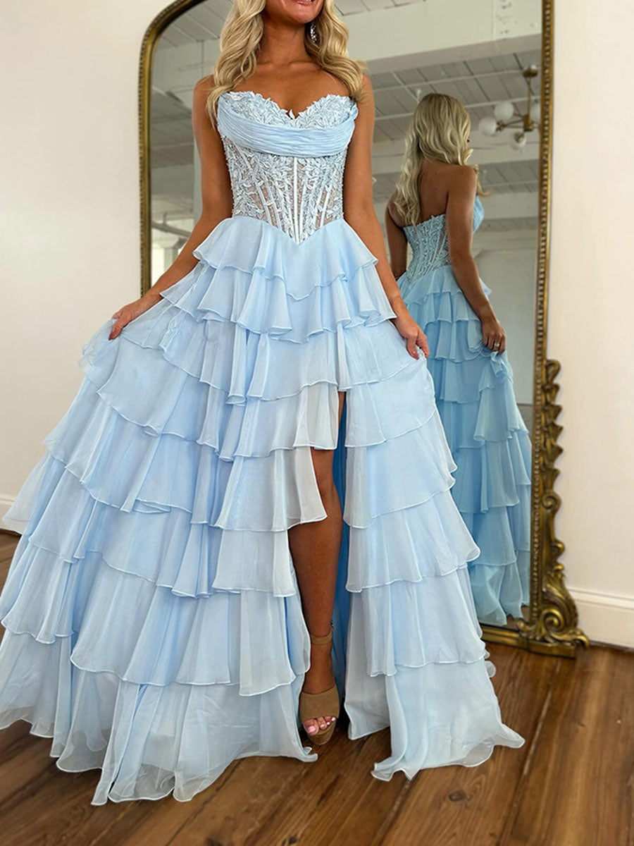 Chiffon A-Line Strapless Empire Tiered Long Prom Dress With Slit