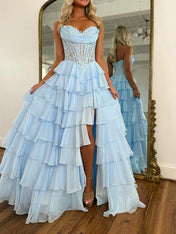 Chiffon A-Line Strapless Empire Tiered Long Prom Dress With Slit