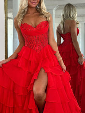 Red Chiffon A-Line Strapless Empire Tiered Long Prom Dress With Slit