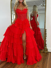 Red Chiffon A-Line Strapless Empire Tiered Long Prom Dress With Slit