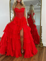 Chiffon A-Line Strapless Empire Tiered Long Prom Dress With Slit