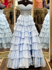 Chiffon A-Line Strapless Empire Tiered Long Prom Dress With Slit