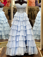 Chiffon A-Line Strapless Empire Tiered Long Prom Dress With Slit