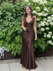 Blue A Line V-neck Beaded Back Tie Long Prom Dress