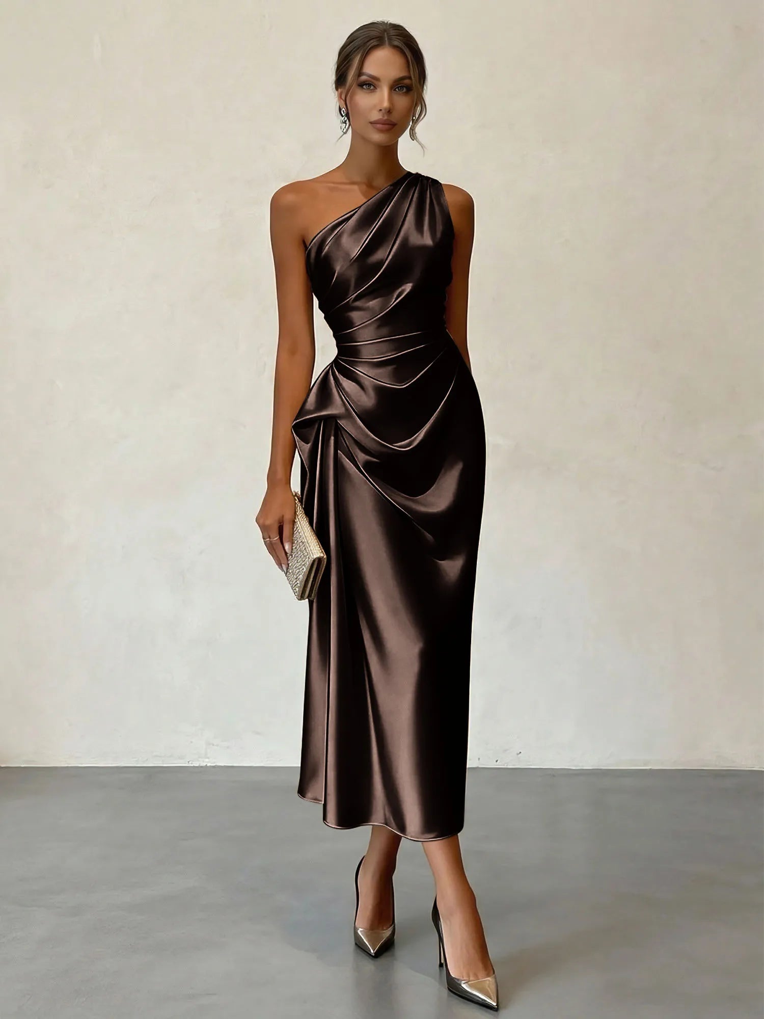 Champagne Ruched Satin One Shoulder Sleeveless Sheath Midi Dress