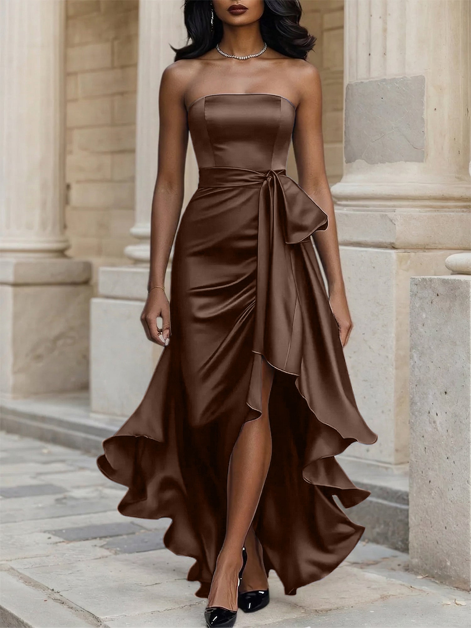 Glamorous Formal Dress Midnight Navy Strapless Satin Gown Midi Dress
