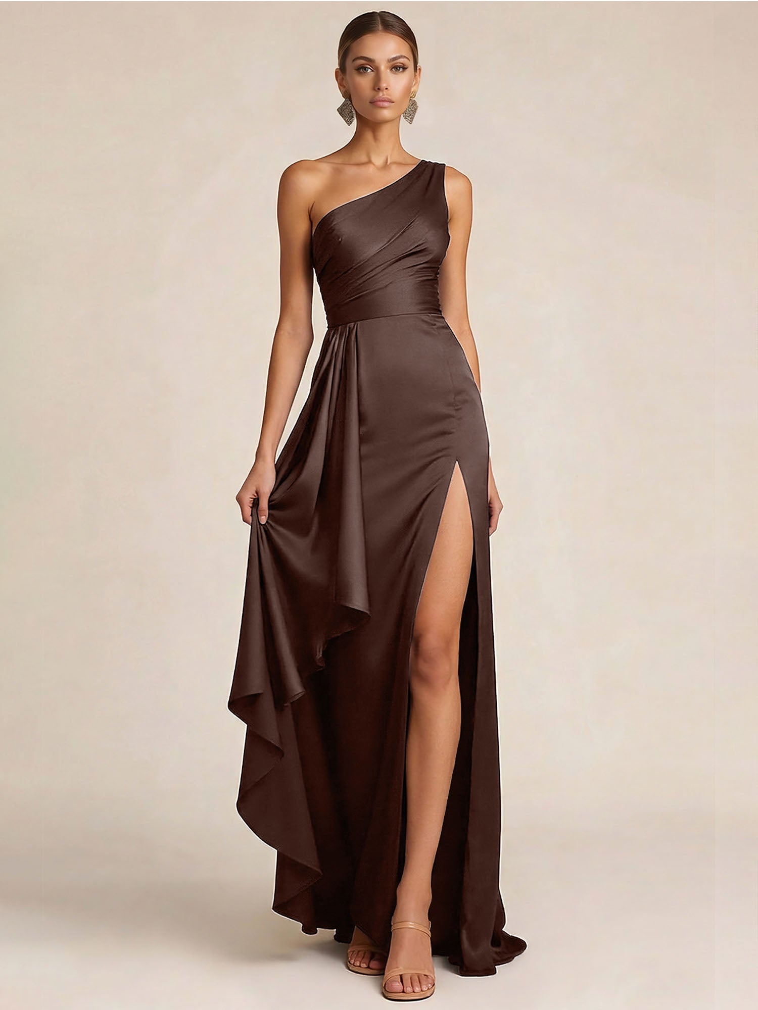 Sleek Foraml Evening Gown Midnight Navy One-Shoulder Satin Slit Maxi Dress