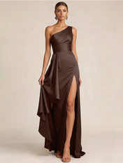 Sleek Foraml Evening Gown Midnight Navy One-Shoulder Satin Slit Maxi Dress