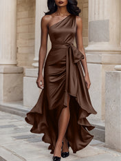 Glamorous Formal Dress Midnight Navy One Shoulder High-Low Satin Gown Midi Dress