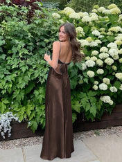 Blue A Line V-neck Beaded Back Tie Long Prom Dress