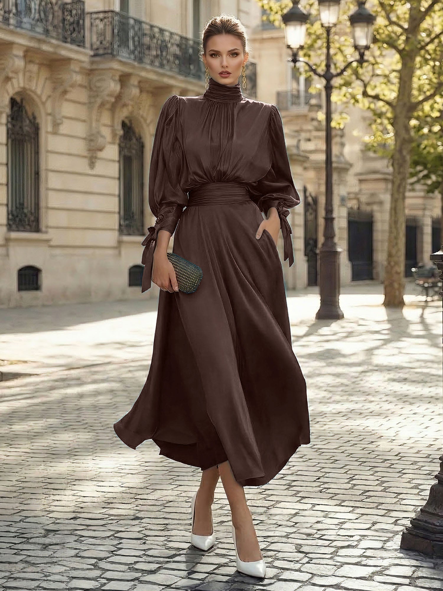 Sophisticated Emerald Green Satin High-Neck Midi Dress Gown