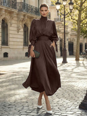 Sophisticated Emerald Green Satin High-Neck Midi Dress Gown