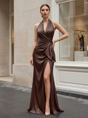 Navy Blue Halter V-Neck Satin Gown with Side Knot and High Slit Evening Dress