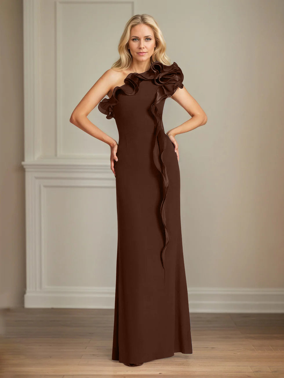 Column One Shoulder Floor Length Mother of the Bride Dresses With Ruffles
