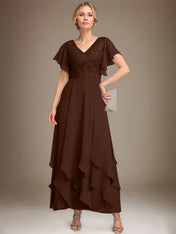 A-line V-Neck Ankle-Length Lace Chiffon Mother of the Bride Dress With Cascading Ruffles